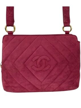 Chanel Vintage Suede CC Crossbody Bag Raspberry Quilted Rare 90s Chanel